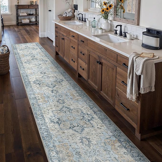 Runner Rug 2'6''x14, Non Slip Vintage Machine Washable Hallway Runner Rugs, Low Pile Lightweight Mat for Hallway, Entryway, Bedroom, Kitchen and Corridor, Blue