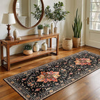 Area Rugs 2'x5' Washable Non-Slip, Floral Vintage Distress Print Pattern Medallion Carpet for Living Room Bedroom Dining Room, Black Colorful Floral Dark Tan