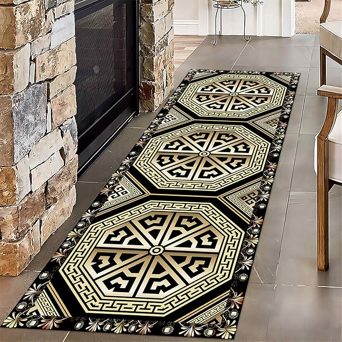 Black Gold Art Runner Rugs, 2.6x7ft, Vintage Greek Key Entrance Rug, Baroque Aesthetic Non-Slip Low Pile Soft Carpets, Cozy Absorbent Durable Non-Shedding Mat for Hallway Bedroom
