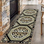 Black Gold Art Runner Rugs, 2.6x10ft, Vintage Greek Key Entrance Rug, Baroque Aesthetic Non-Slip Low Pile Soft Carpets, Cozy Absorbent Durable Non-Shedding Mat for Hallway Bedroom