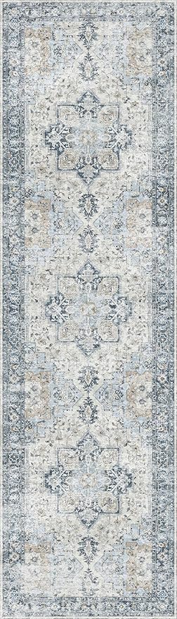 GENIMO Runner Rug 2'6''x8, Non Slip Vintage Hallway Runner Rugs, Low Pile Lightweight Machine Washable Mat for Hallway, Entryway, Bedroom, Kitchen and Corridor, Blue