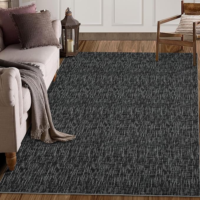 RUGSREAL 8x10 Washable Rug for Living Room Non-Slip Modern Abstract Area Rug Stain Resistant Large Bedroom Rug Contemporary Accent Throw Floor Carpet Solid Rug for Dining Room Home Decor, Black