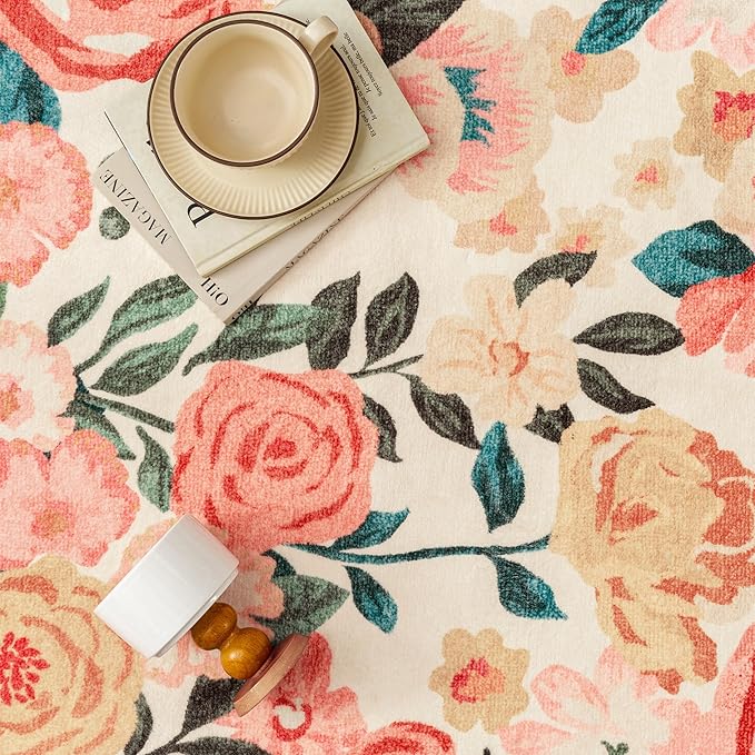 Washable Floral Area Rug 6x9 Beige Living Room Large Carpet Bedroom Scalloped Flower Non Slip Soft Throw Rug Farmhouse Low Pile Thin Indoor Floor Cover for Dining Room Office