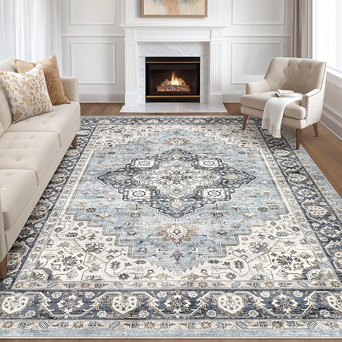 8x10 Area Rugs Living Room: Washable Boho Large Neutral Vintage Soft Rug Stain Resistant Farmhouse Non-Slip Indoor Floor Carpet for Bedroom Nursery Kids Office Dining Room Home House- Blue Tan
