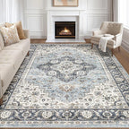 9x12 Area Rug Living Room: Washable Boho Large Neutral Vintage Soft Rugs Stain Resistant Farmhouse Non-Slip Indoor Floor Carpet for Bedroom Nursery Kids Playroom Office Dining Room House- Blue Tan