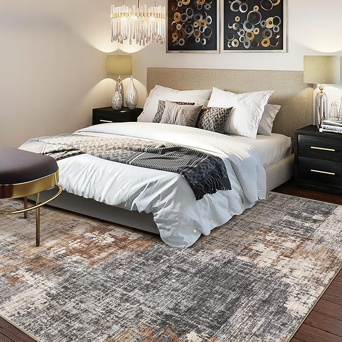 Area Rug Living Room Rugs - 7x9 Washable Large Soft Indoor Neutral Modern Abstract Low Pile Rug Carpet for Bedroom Dining Room Farmhouse Home Office - Grey Brown