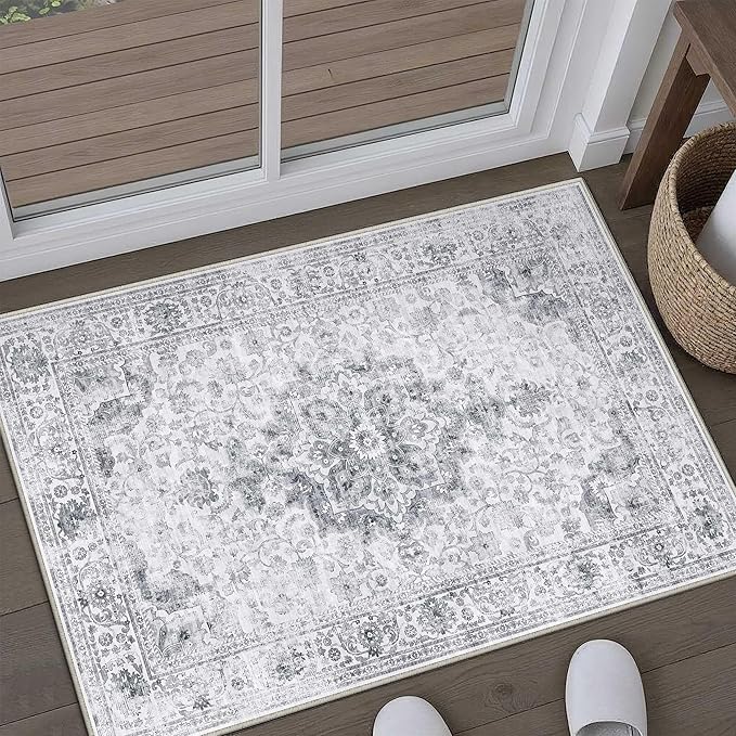 HUGEAR Washable 2x3 Entryway Area Rugs Retro Grey Small Vintage Distressed Non Slip Stain Resistant Low Pile Neutral Throw Carpet for Bedside Kitchen Entryway Home Decor