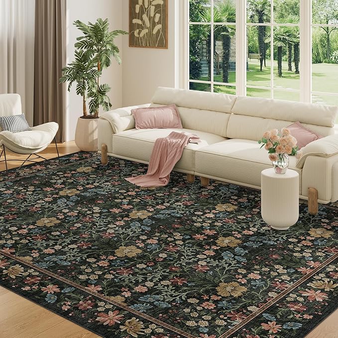 DUKINO 8x10 Area Rugs for Living Room, Vintage Floral Washable Rug with Non Slip Backing, Soft Low Pile & Non-Shedding Large Carpets for Bedroom, Farmhouse, Dining Room, Home Office, Black