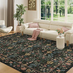 DUKINO 8x10 Area Rugs for Living Room, Vintage Floral Washable Rug with Non Slip Backing, Soft Low Pile & Non-Shedding Large Carpets for Bedroom, Farmhouse, Dining Room, Home Office, Black