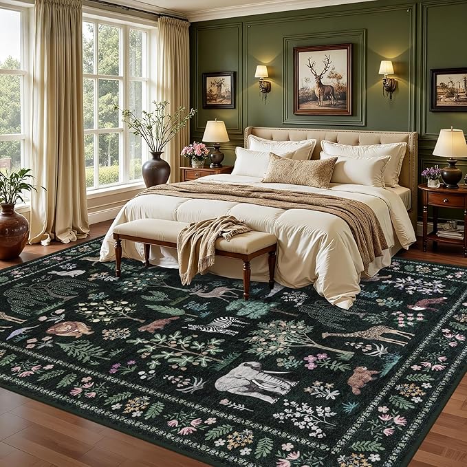 6x9 Area Rugs Living Room Rug: Vintage Washable Rug Floral Soft Carpet Indoor Floor Non-Slip Boho Stain Resistant Large Carpets for Bedroom Kids Nursery Dining Room Farmhouse Home Office Green