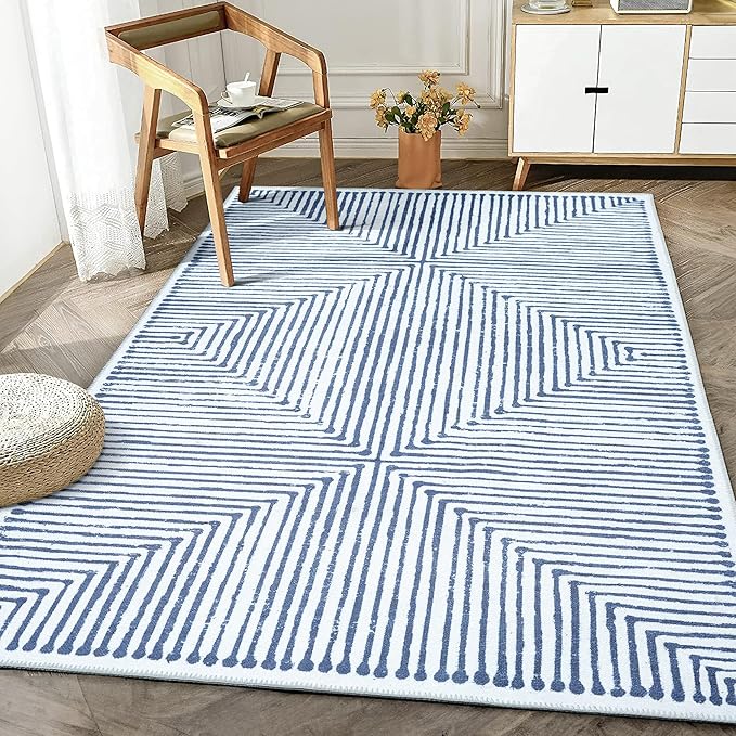 Bloom Rugs Washable Non-Slip 4' x 6' Rug - Blue/Ivory Striped Area Rug for Living Room, Bedroom, Dining Room, and Kitchen - Exact Size: 4' x 6'