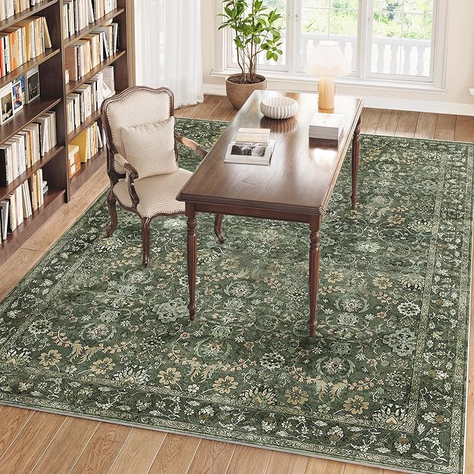 9x12 Area Rug for Living Room, Soft Large Rugs Green Washable Carpet, Indoor Vintage Rugs for Bedroom Dining Room Office, Rubber Backed Non Slip Low Pile Mat, Dark Olive Green