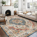 vivorug 5x7 Area Rugs - Ultra-Thin Washable Rug with Non-Slip Backing, Ideal for Living Room, Bedroom, Kitchen Floor Carpet - Vintage Style, Easy Clean, Durable, Low Pile Rug Beige
