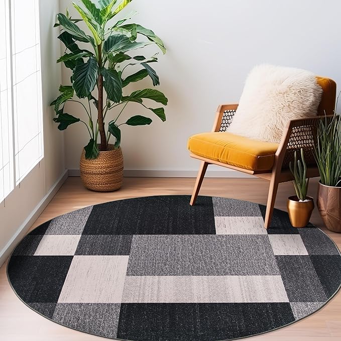 Rugshop Gray Modern Geometric Boxes Non-Slip Area Rug Non-Shedding for Dining Room, Living Room and Foyer, 8' Round