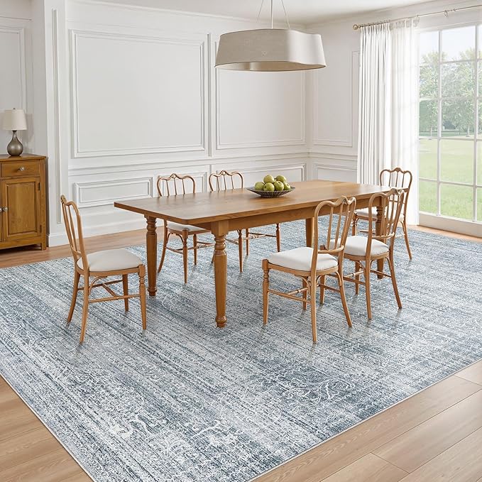6x9 Area Rugs Living Room: Washable Large Vintage Blue Rug Neutral Non-Slip Soft Stain Resistant Indoor Carpet for Bedroom Nursery Dining Room Under Table Bed Home House Office Playroom