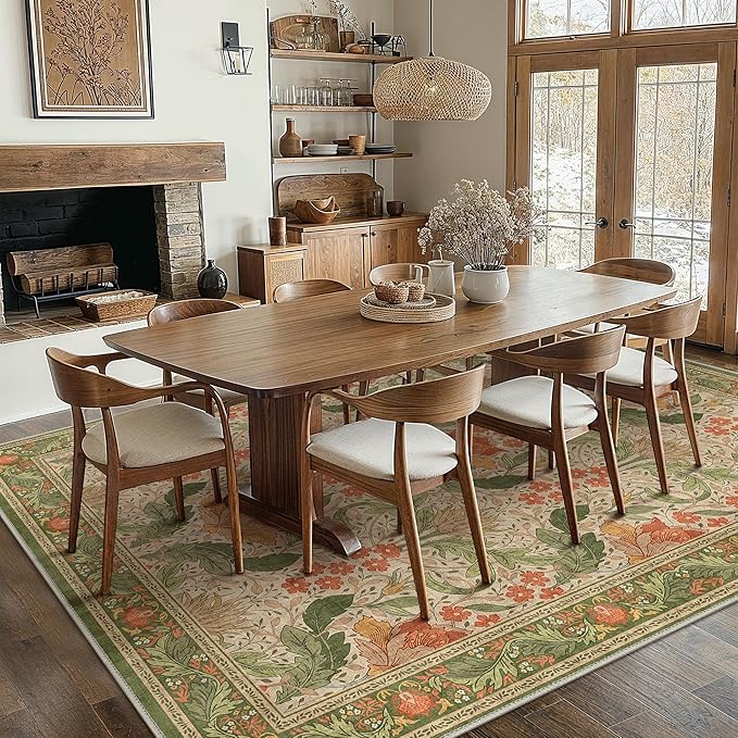 Bavni 5x7 Area Rugs for Living Room, Microfiber Machine Washable Non-Slip Vintage Floral Rug, Low Pile Lightweight Carpet for Bedroom, Dining Room, Home Office, Sage Green & Burnt Orange