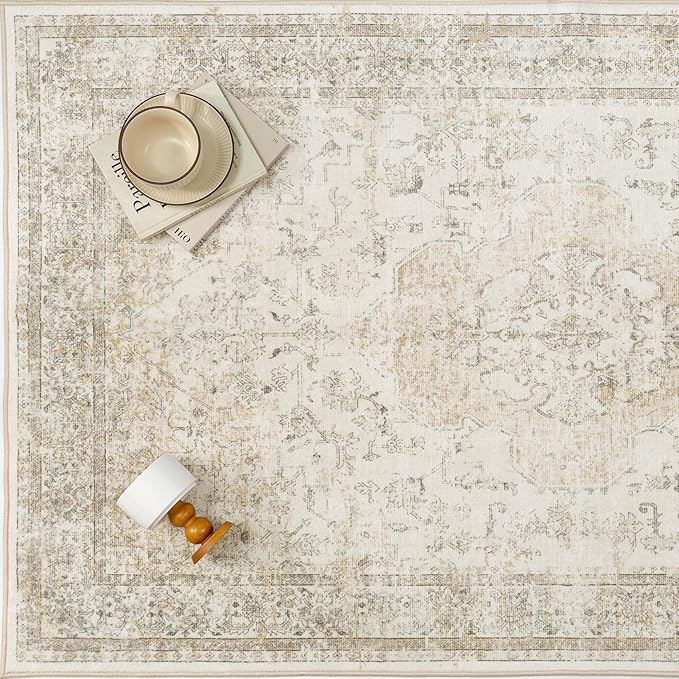 Hallway Runner Rug 2x6 Washable Beige Vintage Distressed Long Runner Oriental Soft Thin Indoor Carpet Non Slip Low Pile Throw Rug for Kitchen Bedroom Laundry Bedside Entryway