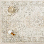 9x12 Washable Area Rug Beige Vintage Distressed Large Rug for Living Room Oriental Soft Thin Indoor Retro Carpet Non Slip Low Pile Floor Cover for Bedroom Dining Room Office Nursery
