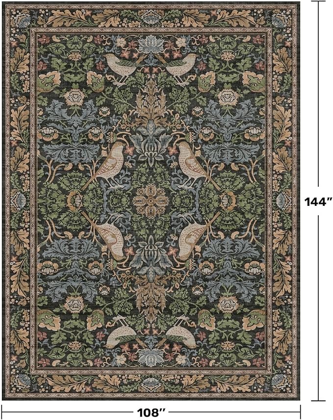 Vintage 9x12 Dining Room Rugs for Under Table - Dark Botanical & Bird Patterned Rugs for Living Room, Bedroom Under Bed, Traditional Cottage Brown and Green Décor, Washable Non Slip Folable Carpet
