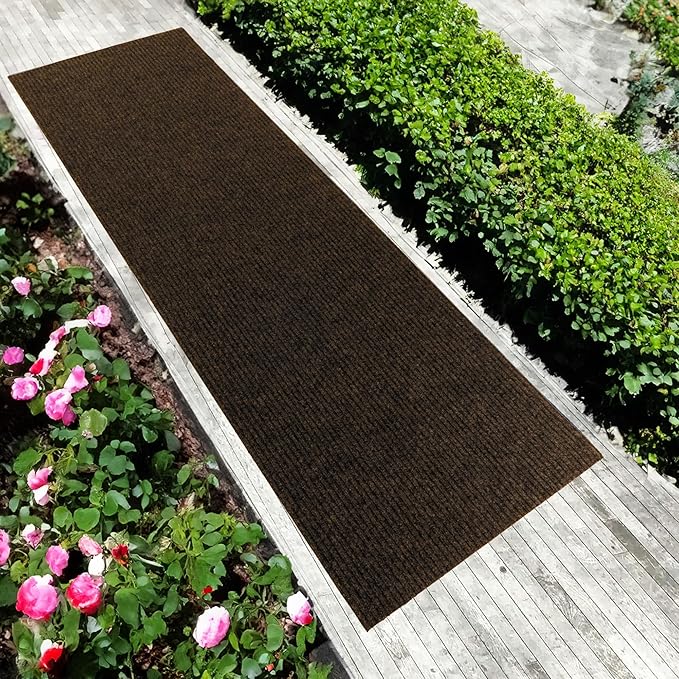 English Home Custom Size Non Slip Striped Design Durable Anti Slip Back Tough Pile Runner Rug for Hallway, Outdoor, Indoor, Commercial, Residential, Pool, Office (Brown, 26" x 08')