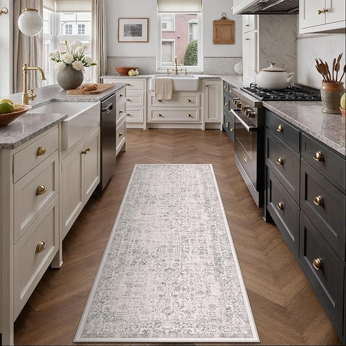 Gray Runner Rug 2x6 Hallway Machine Washable Kitchen Vintage Distressed Non Slip Long Carpet Indoor Grey Retro Floral Bedroom Accent Throw Rug for Bathroom Office Laundry Dining Living Room