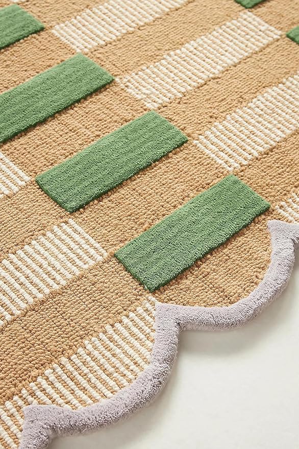 Hand-Tufted Wool Area Rug with Scalloped Edges, Beige and Green Plaid Pattern, Cozy and Soft Accent Rug for Living Room, Bedroom, and Nursery, Handmade Decorative Rug, 8x12 Ft