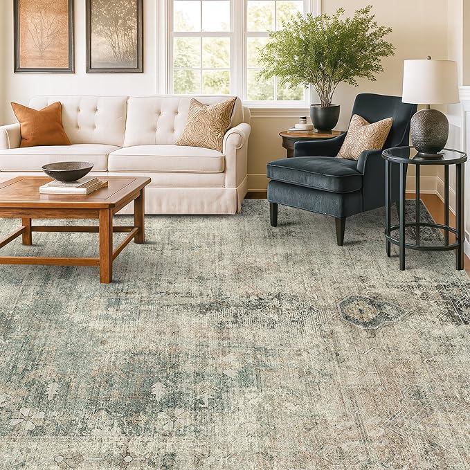 8x10 Farmhouse Rugs for Living Room - Moss Green Brown Large Area Rug for Bedroom, Dining Room, Home Office, Soft Washable & Stain Resistance