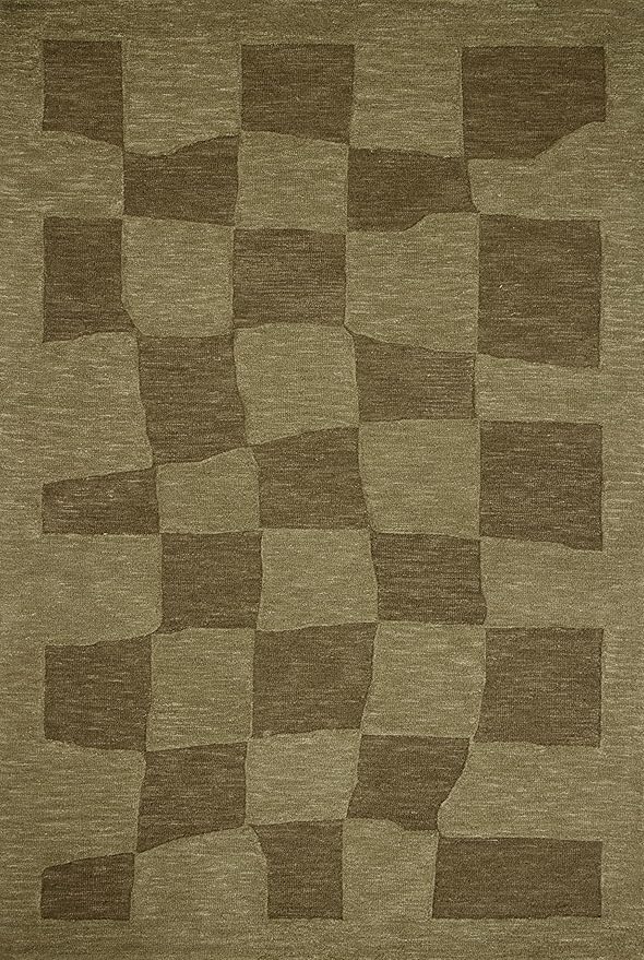 Loloi Leanne Ford Craven Collection CVN-03 Green/Olive 2'-6" x 9'-9" Runner Rug Checkered, Patterned, Neutral, Hallway, Kitchen, Mudroom, and Bathroom