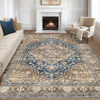 8x10 Area Rugs Living Room: Washable Boho Large Neutral Vintage Soft Rug Stain Resistant Farmhouse Non-Slip Indoor Floor Carpet for Bedroom Nursery Kids Office Dining Room Playroom- Yellow Blue