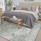 6x9 Grey Washable Vintage Area Rug for Living Room Bedroom Non Slip Distressed Traditional Soft Large Throw Rug Low Pile Lightweight Floral Carpet Office Indoor Playroom Dining Room