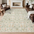 Washable Living Room Rug: 5x7 Boho Floral Soft Area Rug for Bedroom Decor - Vintage Low Pile Thin Carpet for Dining Room Non-Slip - Farmhouse Stain Resistant Rugs - Beige Green