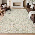 Washable Living Room Rug: 6x9 Boho Floral Soft Area Rug for Bedroom Decor - Vintage Low Pile Thin Carpet for Dining Room Non-Slip - Farmhouse Stain Resistant Rugs - Beige Green