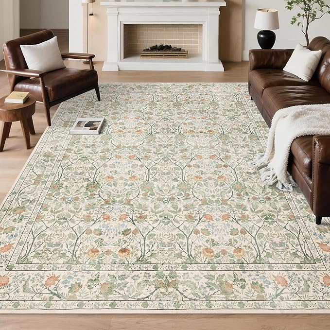 Washable Living Room Rug: 6x9 Boho Floral Soft Area Rug for Bedroom Decor - Vintage Low Pile Thin Carpet for Dining Room Non-Slip - Farmhouse Stain Resistant Rugs - Beige Green