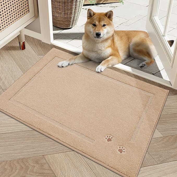 BEQHAUSE Dog Door Mat for Muddy Paws 20"x32" Dirt Trapper Absorbent Doormat Non Slip Entryway Rugs Washable Stain Resistant Welcome Floor Mat Soft Low-Profile for Front Back Door, Beige