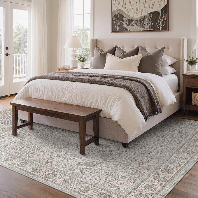 Bavni Washable Rugs 8x10-Machine Washable Rug Lightweight Low Pile, Vintage Floral Rug Non-Shedding Distressed Throw Carpet for Living Room Bedroom Office, Light Gery