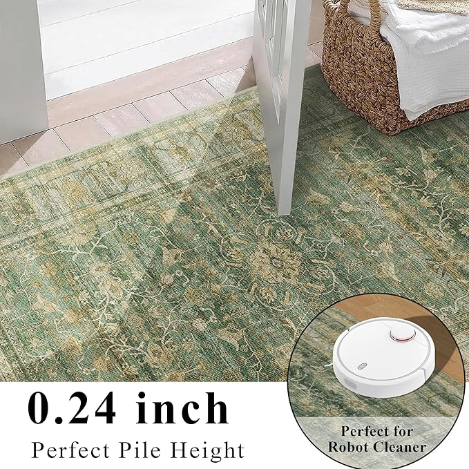 2x6 Runner Rug for Hallways Vintage Distressed Non Slip Long Carpet Floral Boho Distress Print Pattern Mat Lightweight Retro Accent Throw Carpet for Kitchen Bedroom Bedside Laundry Room-Green