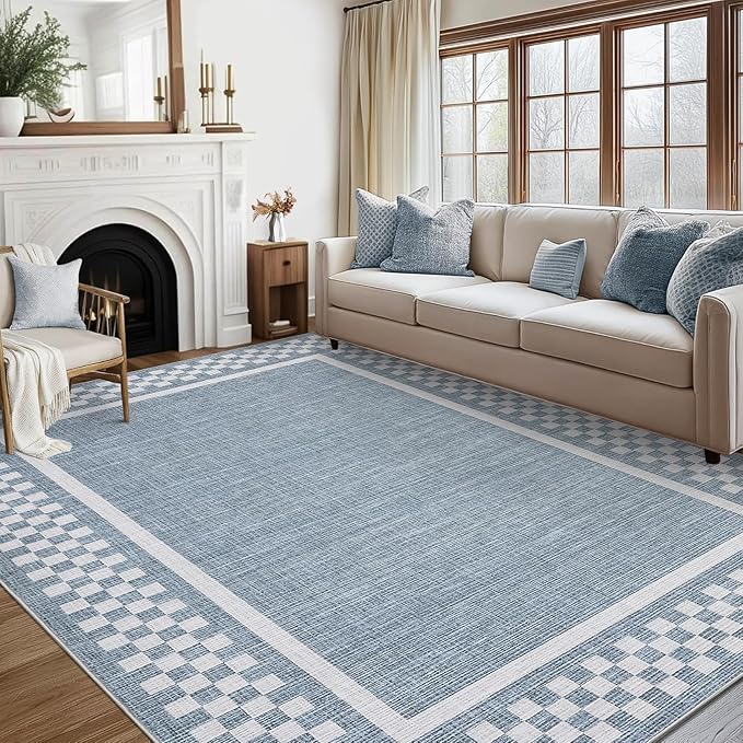 GarveeHome Modern Bordered 8x10 Area Rugs for Living Room Bedroom Soft Washable Large Bedroom Throw Carpet Non Slip Checkered Geometric Rugs for Dining Room Home Decor Office, Blue
