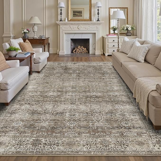 10x14 Washable Area Rug Grey Brown Vintage Rug for Living Room Bedroom Low Pile Soft Non-Slip Boho Rug for Under Table Boho Distressed Retro Carpet for Bedroom Dining Room