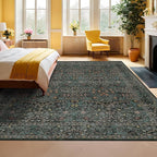 Dining Room Rugs for Under Table - 7x9 Washable Dark Green Oriental Area Rug for Living Room, Non-Slip Floor Carpet for Bedroom Under Bed - Vintage Design & Stain Resistance