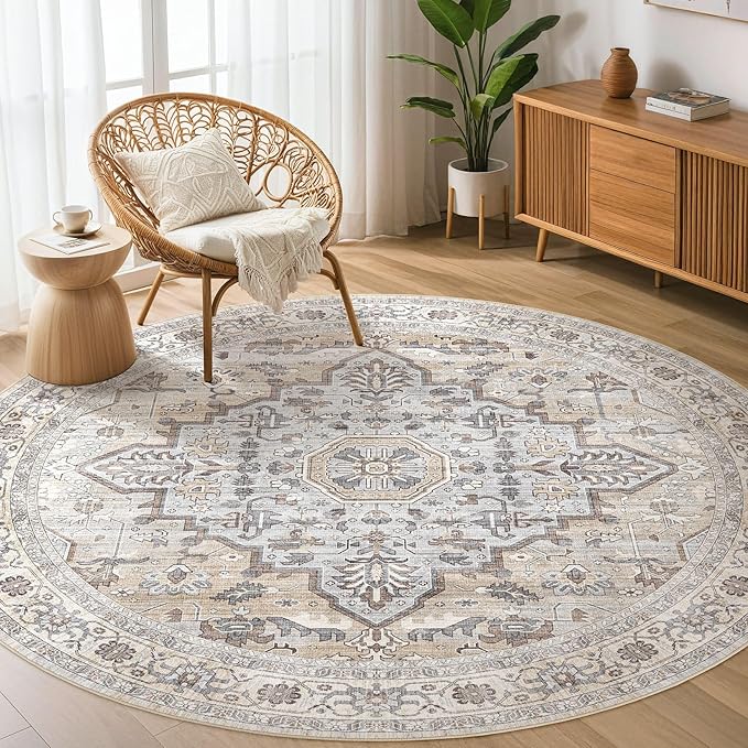 Round Rug Living Room Rugs: 5Ft Washable Boho Neutral Large Circle Soft Indoor Distressed Stain Resistant Floor Farmhouse Carpet for Bedroom Nursery Kids Playroom Office Dining Room Dorm- Cream Gray