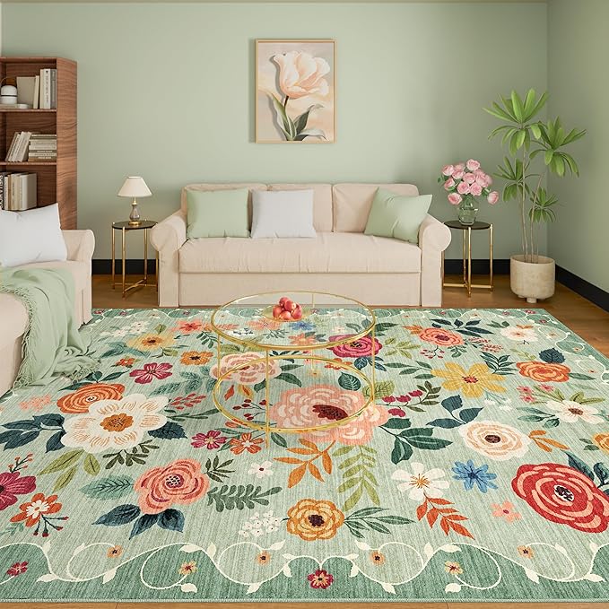 DUKINO 9x12 Area Rug, Floral Rugs for Living Room, Lightweight Non Slip Washable Rug, Indoor Low Pile & Non-Shedding Boho Design Rugs for Bedroom, Living Room, Dining Room,Green