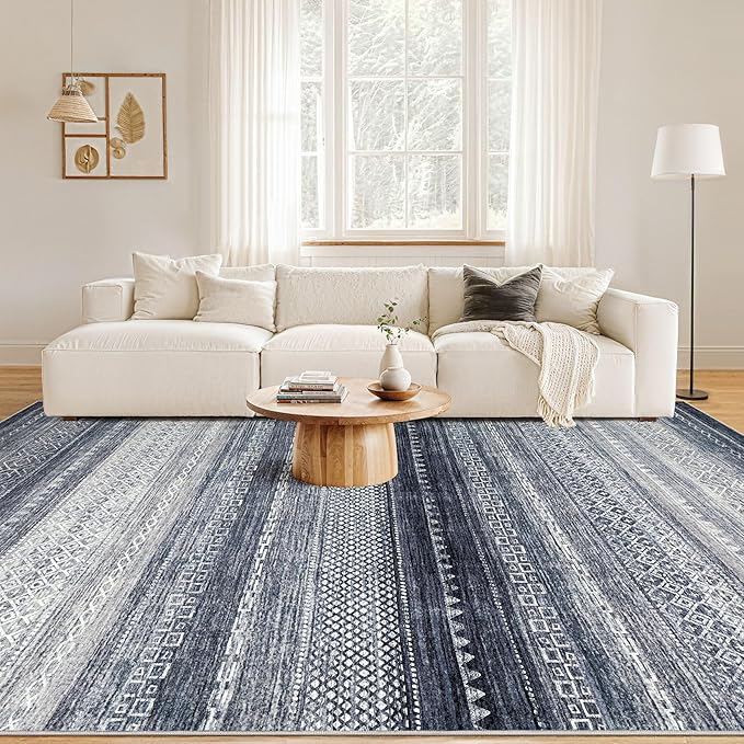 Nakagishi Area Rug Living Room Rugs: 7x9 Machine Washable Boho Large Neutral Farmhouse Stain Resistant Moroccan Indoor Floor Carpet for Bedroom Nursery Dorm Classroom Dining Room Home-Blue