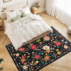 Living Room Rug 8x10 Rug Machine Washable Boho Area Rug Non Slip Floral Vintage Low Pile Large Rugs for Living Room, Bedroom, Farmhouse, Dining Room (Black)