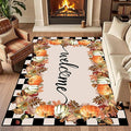 Checkered Area Rugs, 3x5ft, Black and White Check with Fall Leaves Pumpkin Autumn Harvest Carpet, Entrance Rubber Non Slip Breathable Fall Rug for Dining Room Laundry
