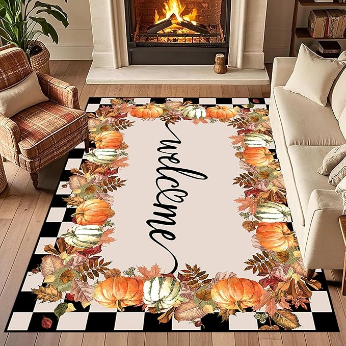 Checkered Area Rugs, 3x5ft, Black and White Check with Fall Leaves Pumpkin Autumn Harvest Carpet, Entrance Rubber Non Slip Breathable Fall Rug for Dining Room Laundry