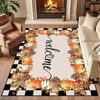 Checkered Area Rugs, 4x5ft, Black and White Check with Fall Leaves Pumpkin Autumn Harvest Carpet, Entrance Rubber Non Slip Breathable Fall Rug for Dining Room Laundry