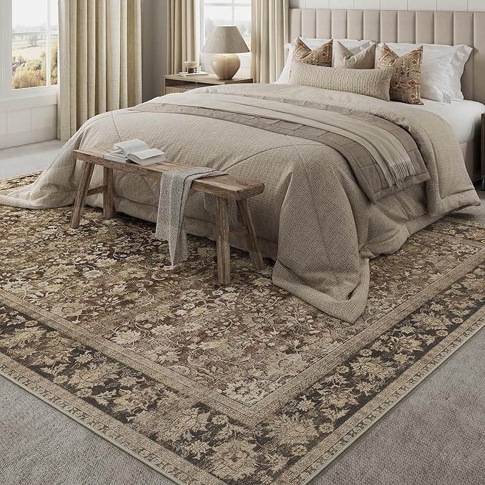 HUGEAR 10x14 Machine Washable Rugs Brown Hallway Large Area Rug Indoor Accent Rug Floral Low Pile Carpet Soft Throw Aesthetic Rug Bedroom Living Room Office Dining Room Kitchen Laundry Room