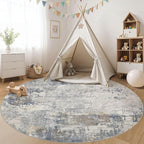 8ft Round Area Rug Living Room Rugs - 8x8 Washable Neutral Modern Abstract Soft Thin Rug Indoor Floor No Slip Rug Carpet for Bedroom Under Dining Table Home Office Decor - Blue Grey