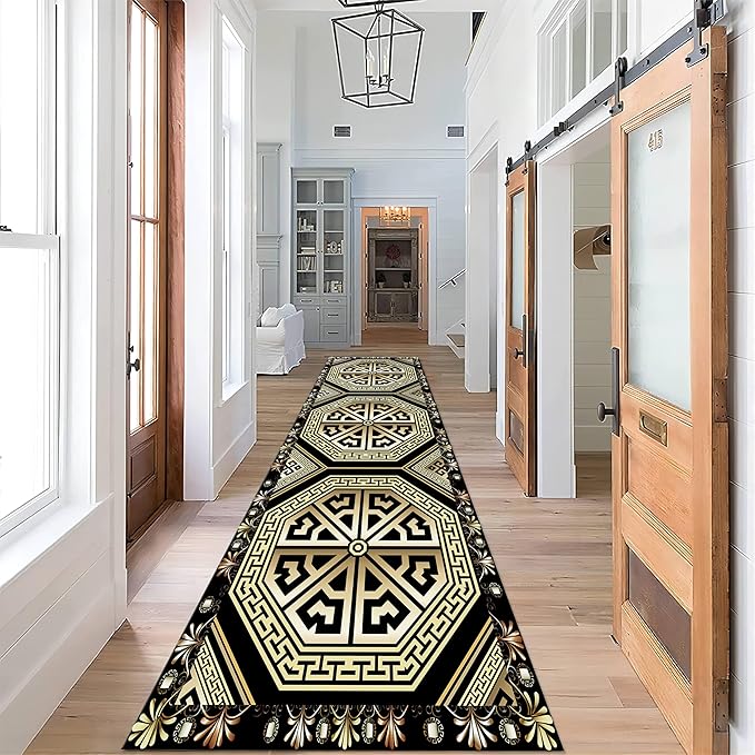 Black Gold Art Runner Rugs, 1.3x7ft, Vintage Greek Key Entrance Rug, Baroque Aesthetic Non-Slip Low Pile Soft Carpets, Cozy Absorbent Durable Non-Shedding Mat for Hallway Bedroom