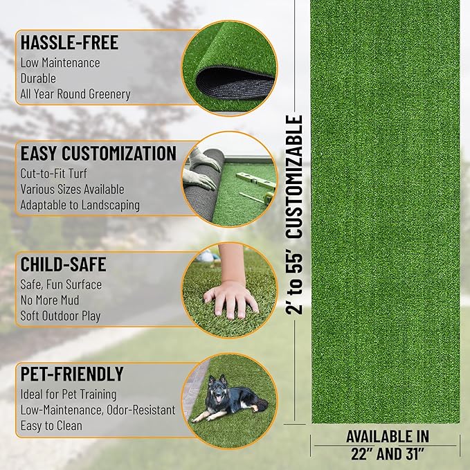 Ottomanson Artificial Grass Turf 2'7" x 33' Indoor Outdoor Faux Grass Rug with Drainage Holes, Customizable with Extra Long Size Options, Perfect for Patio Lawn Balcony Weddings Photoshoot Backdrop